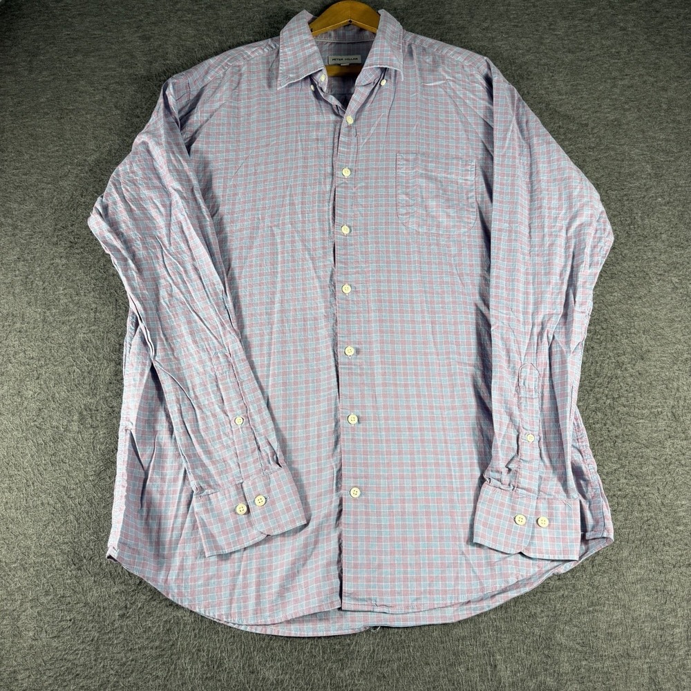 Peter Millar Crown Elmwood Cotton Sport Shirt Size L Check Long Sleeve Button